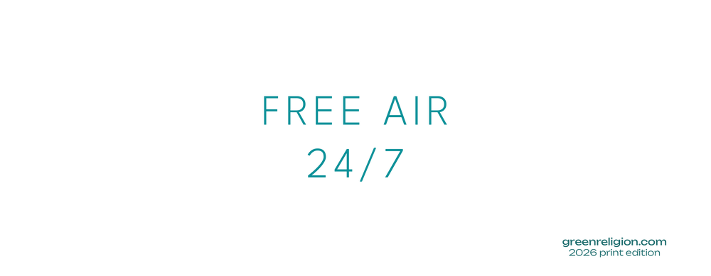 GREEN RELIGION · SPOKEN LEAF · “FREE AIR 24/7” · 11 oz White Glossy Mug · 2026 Print Edition