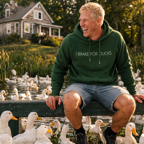 GREEN RELIGION · SPOKEN LEAF · “I BRAKE FOR DUCKS” · Unisex Eco Raglan Hoodie