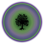 Black tree silhouette in a circular frame with concentric green and purple rings