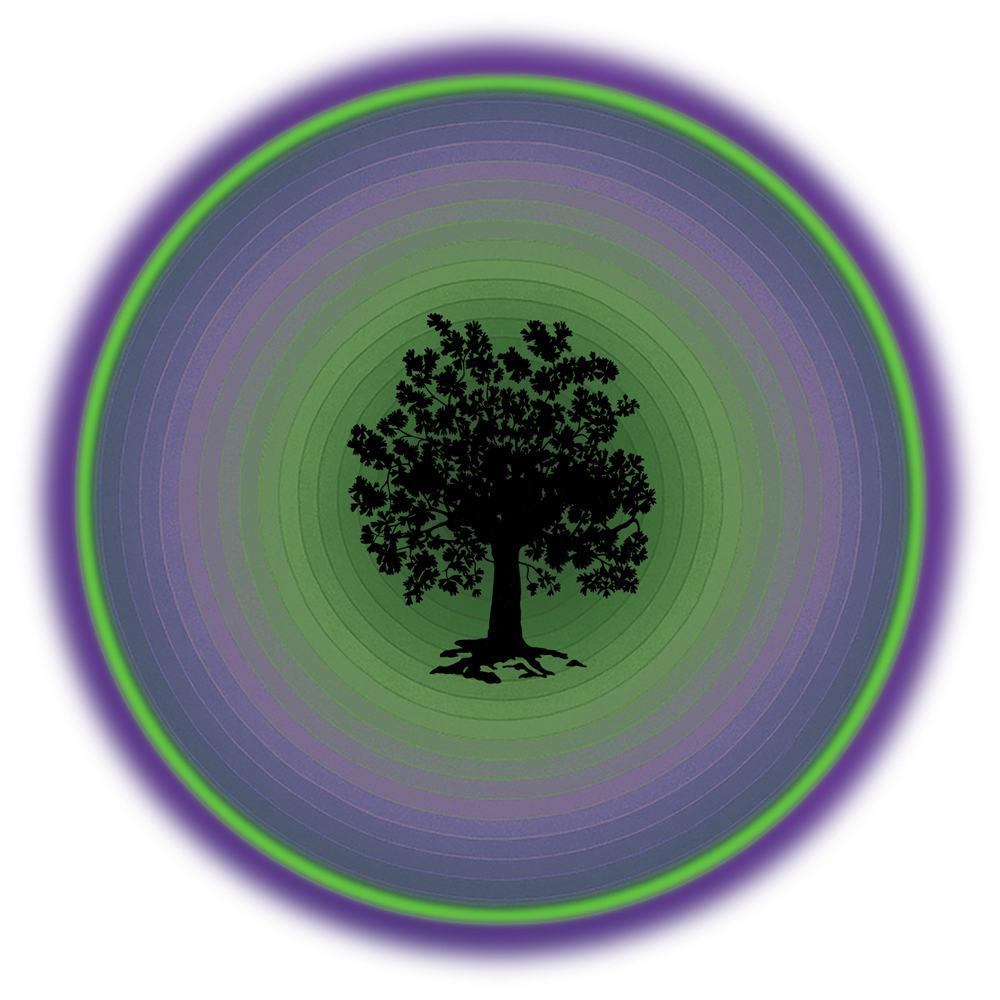 Black tree silhouette in a circular frame with concentric green and purple rings