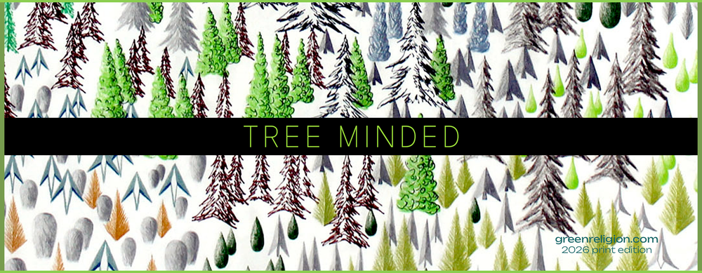 GREEN RELIGION · SPOKEN LEAF · “TREE MINDED” · 11 oz Black Glossy Mug · 2026 Print Edition