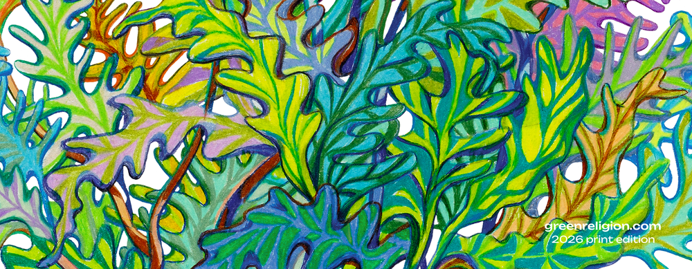 GREEN RELIGION · TRUE TREES · “Leaves Alive” · 2026 Print Edition · White Glossy Mug