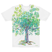 White t-shirt with large colorful tree design on a white background