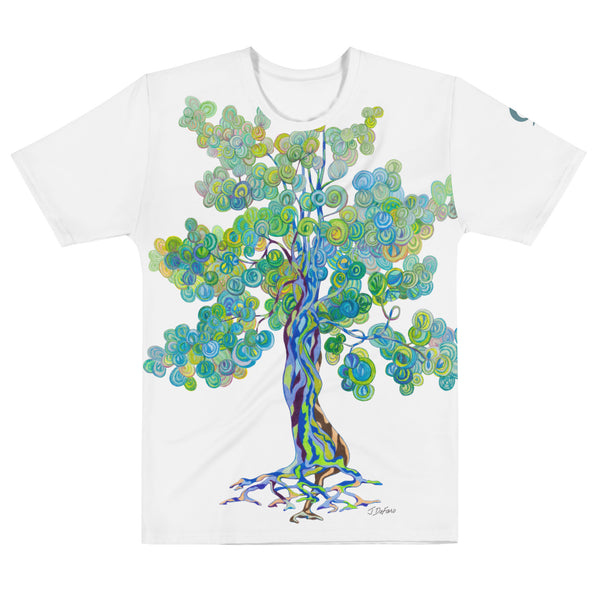 White t-shirt with a colorful tree design on a white background