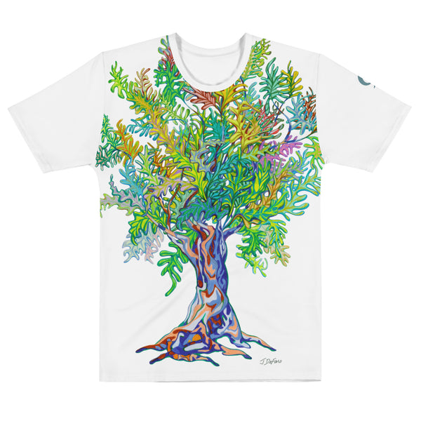 White t-shirt with a colorful tree design on a white background