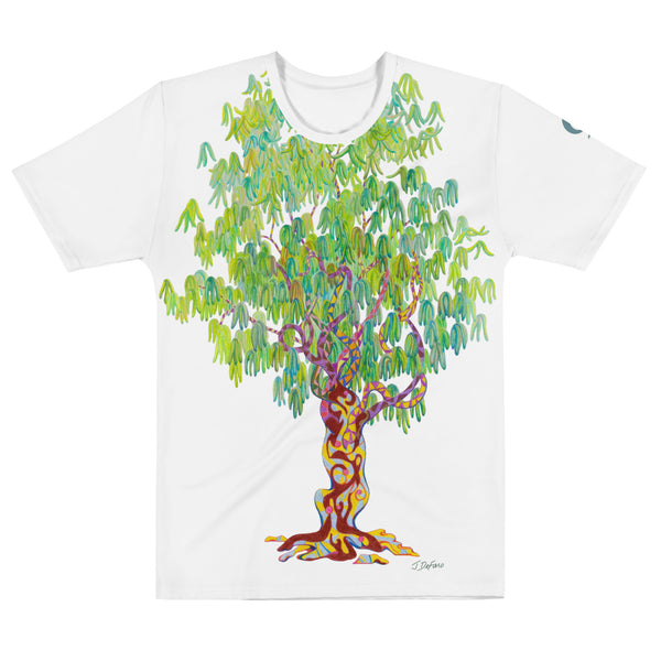 White t-shirt with a colorful tree design on a white background