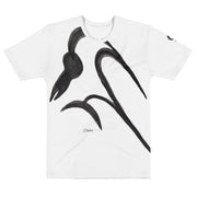 White t-shirt with black abstract bird design on a white background