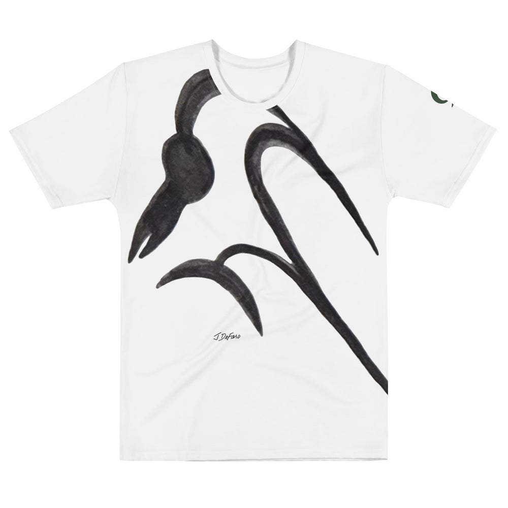 White t-shirt with black abstract bird design on a white background