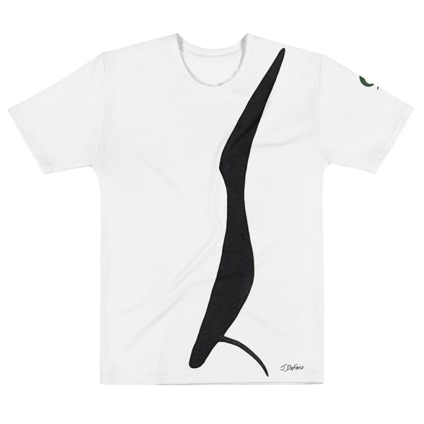 White t-shirt with black tall bird design on white background