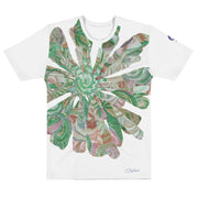 White t-shirt with colorful graphic collaged flower in white background