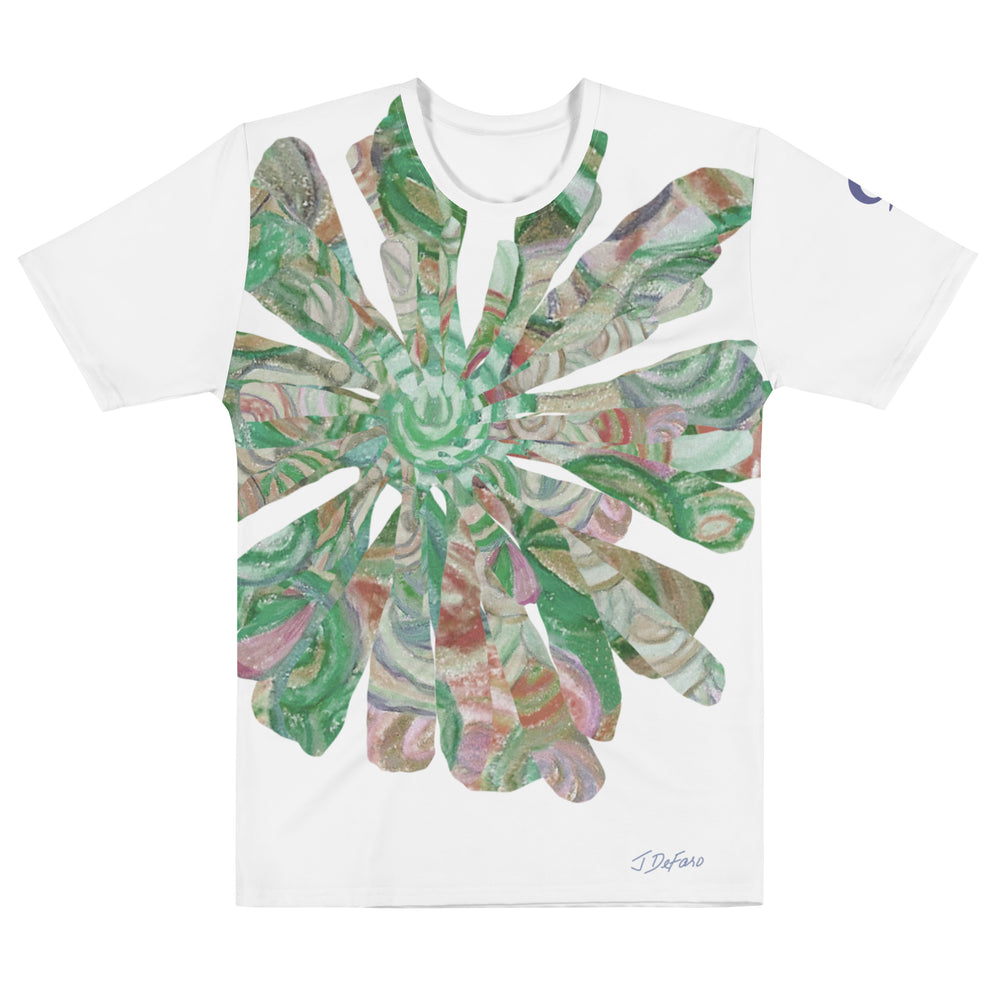 White t-shirt with colorful graphic collaged flower in white background