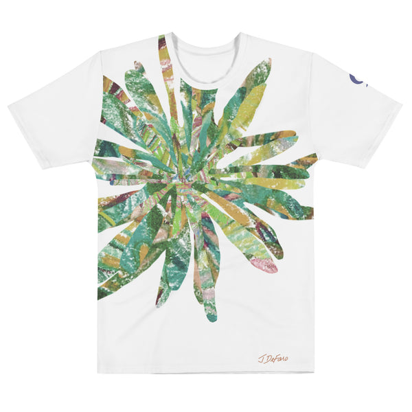 White t-shirt with colorful graphic collaged flower in white background