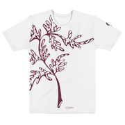 White t-shirt with cranberry leaf and branch design on white background
