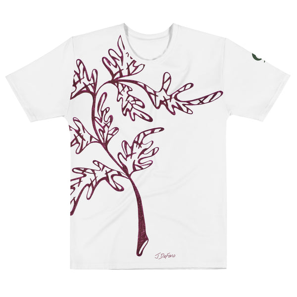 White t-shirt with cranberry leaf and branch design on white background