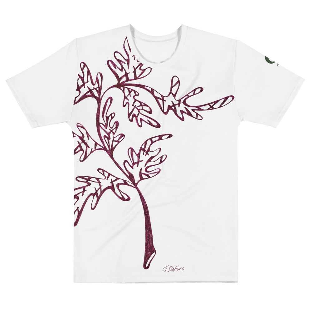 White t-shirt with cranberry leaf and branch design on white background