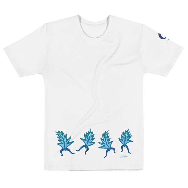 White t-shirt with dancing leaves on white background