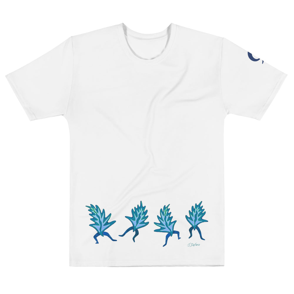 White t-shirt with dancing leaves on white background