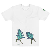 White t-shirt with dancing leaves on white background