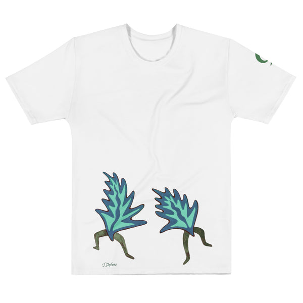 White t-shirt with dancing leaves on white background