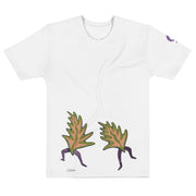 White t-shirt with dancing leaves on white background