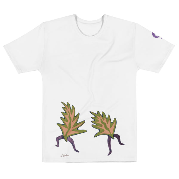 White t-shirt with dancing leaves on white background