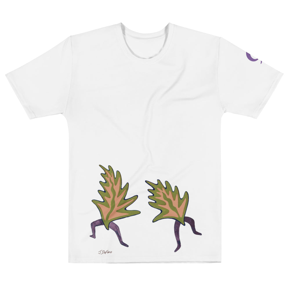 White t-shirt with dancing leaves on white background