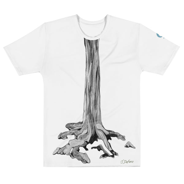 White T-Shirt with graphic tree trunk on white background