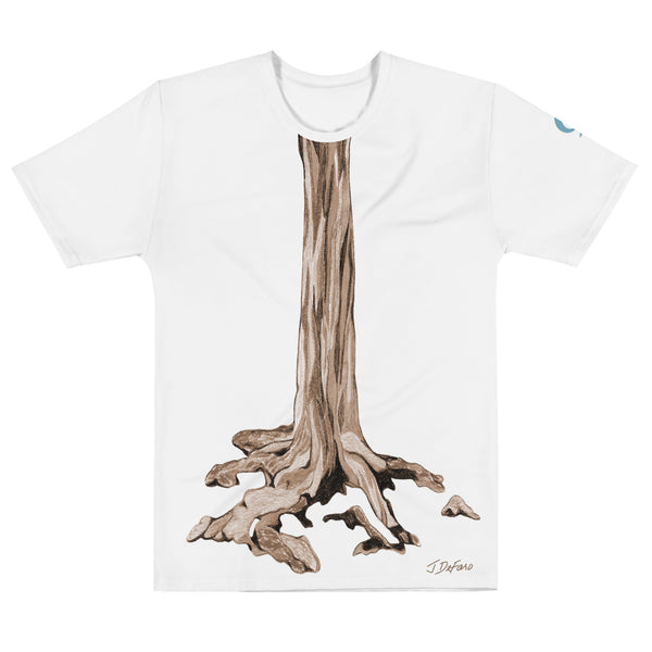 White T-Shirt with graphic tree trunk on white background