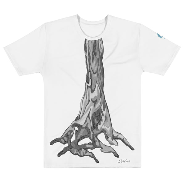 White T-Shirt with graphic tree trunk on white background