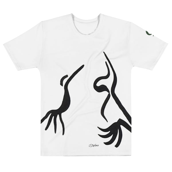 White t-shirt with black two bird design on white background