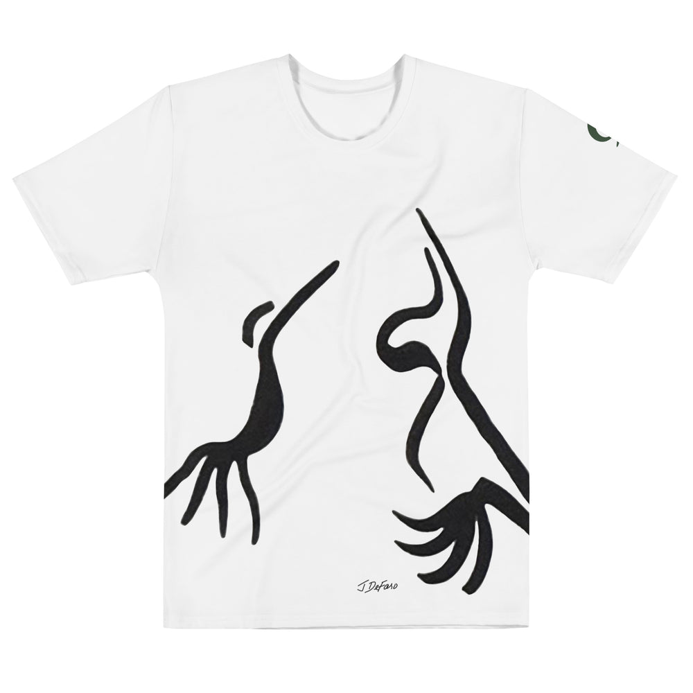 White t-shirt with black two bird design on white background