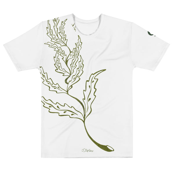 White t-shirt with green leaf and branch design on white background
