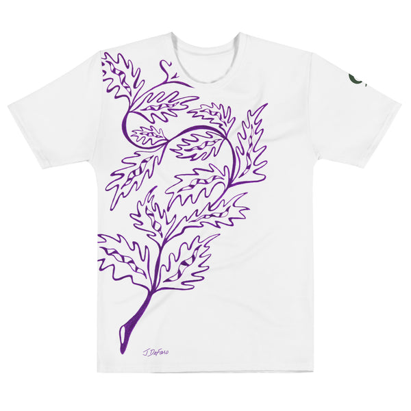 White t-shirt with purple leaf and branch design on white background