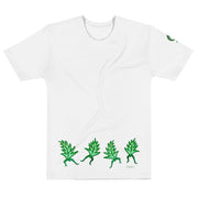 White t-shirt with dancing leaves on white background