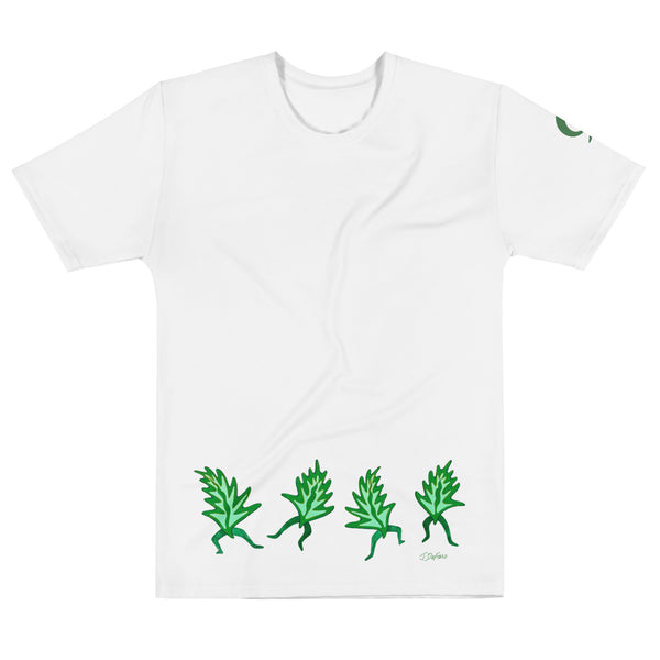 White t-shirt with dancing leaves on white background