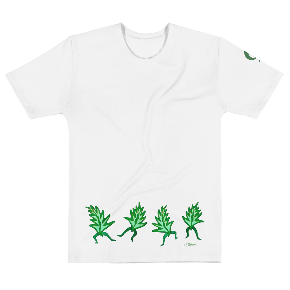 White t-shirt with dancing leaves on white background