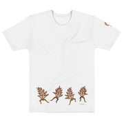 White t-shirt with dancing leaves on white background