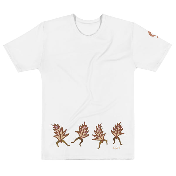 White t-shirt with dancing leaves on white background