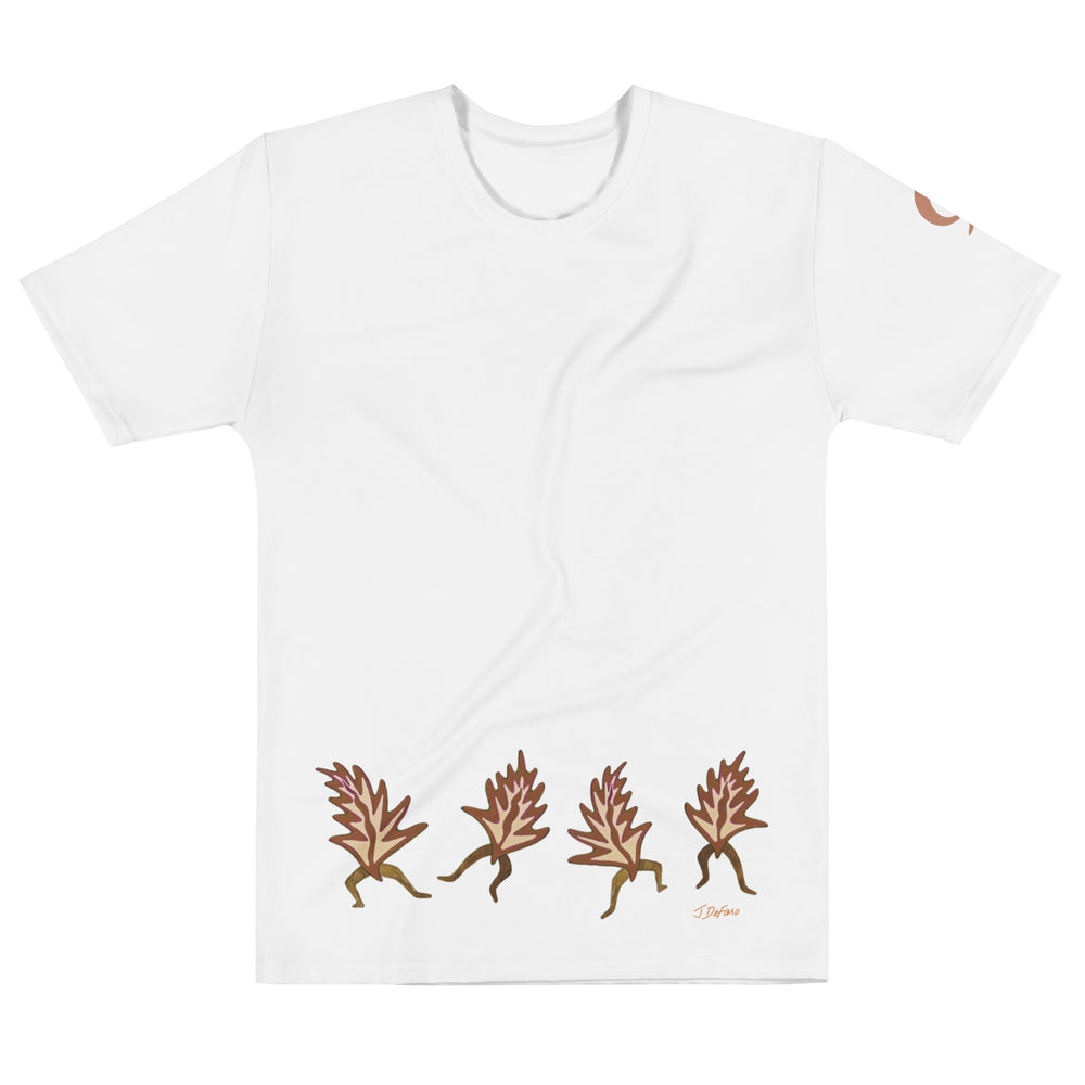 White t-shirt with dancing leaves on white background