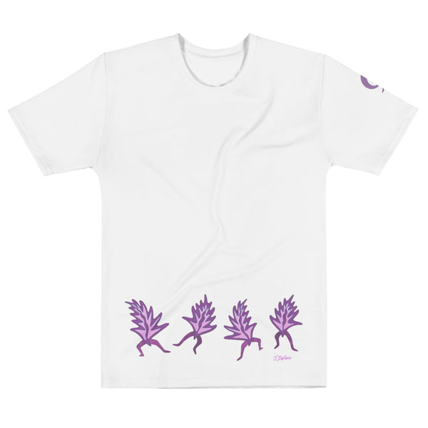 White t-shirt with dancing leaves on white background