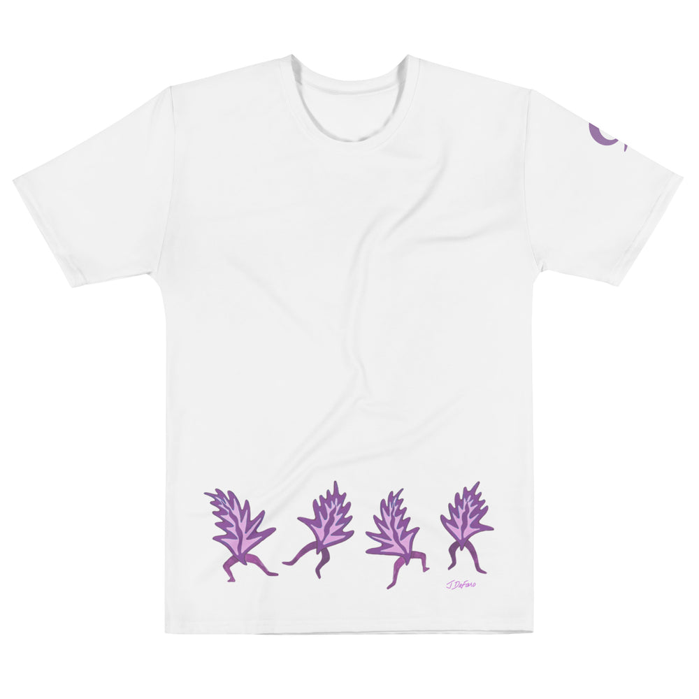 White t-shirt with dancing leaves on white background