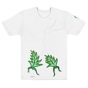 White t-shirt with dancing leaves on white background