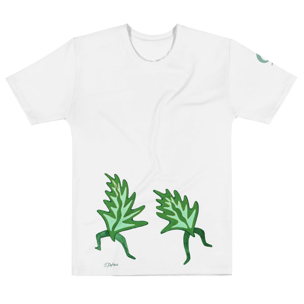 White t-shirt with dancing leaves on white background