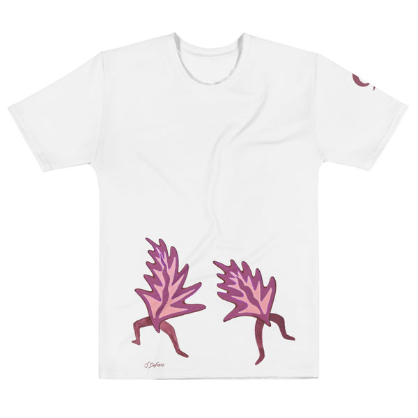 White t-shirt with dancing leaves on white background