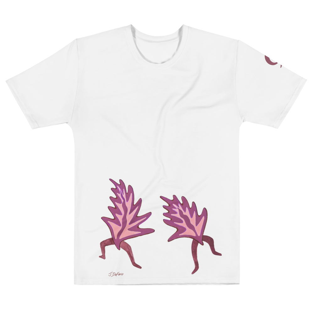 White t-shirt with dancing leaves on white background