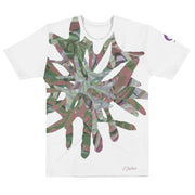 White t-shirt with large graphic floral on a white background