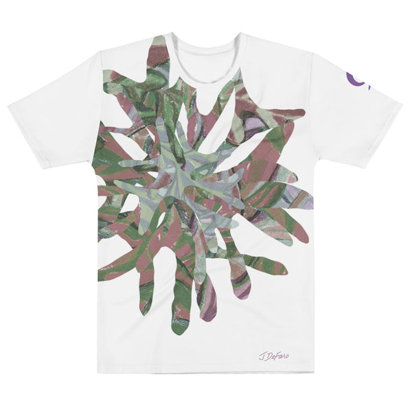White t-shirt with large graphic floral on a white background