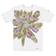 White t-shirt with a colorful floral design on a white background