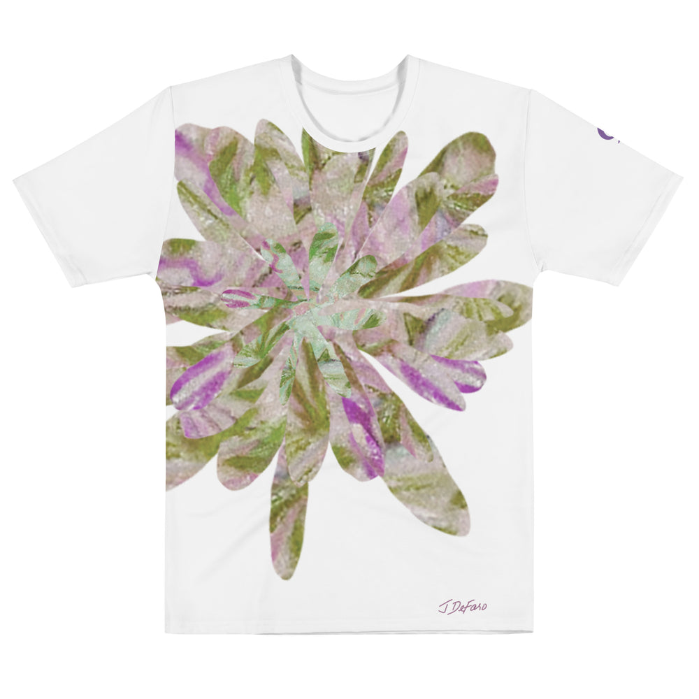 White t-shirt with a colorful floral design on a white background