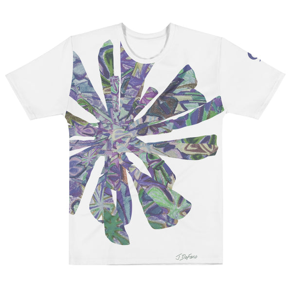 White t-shirt with large colorful floral on a white background